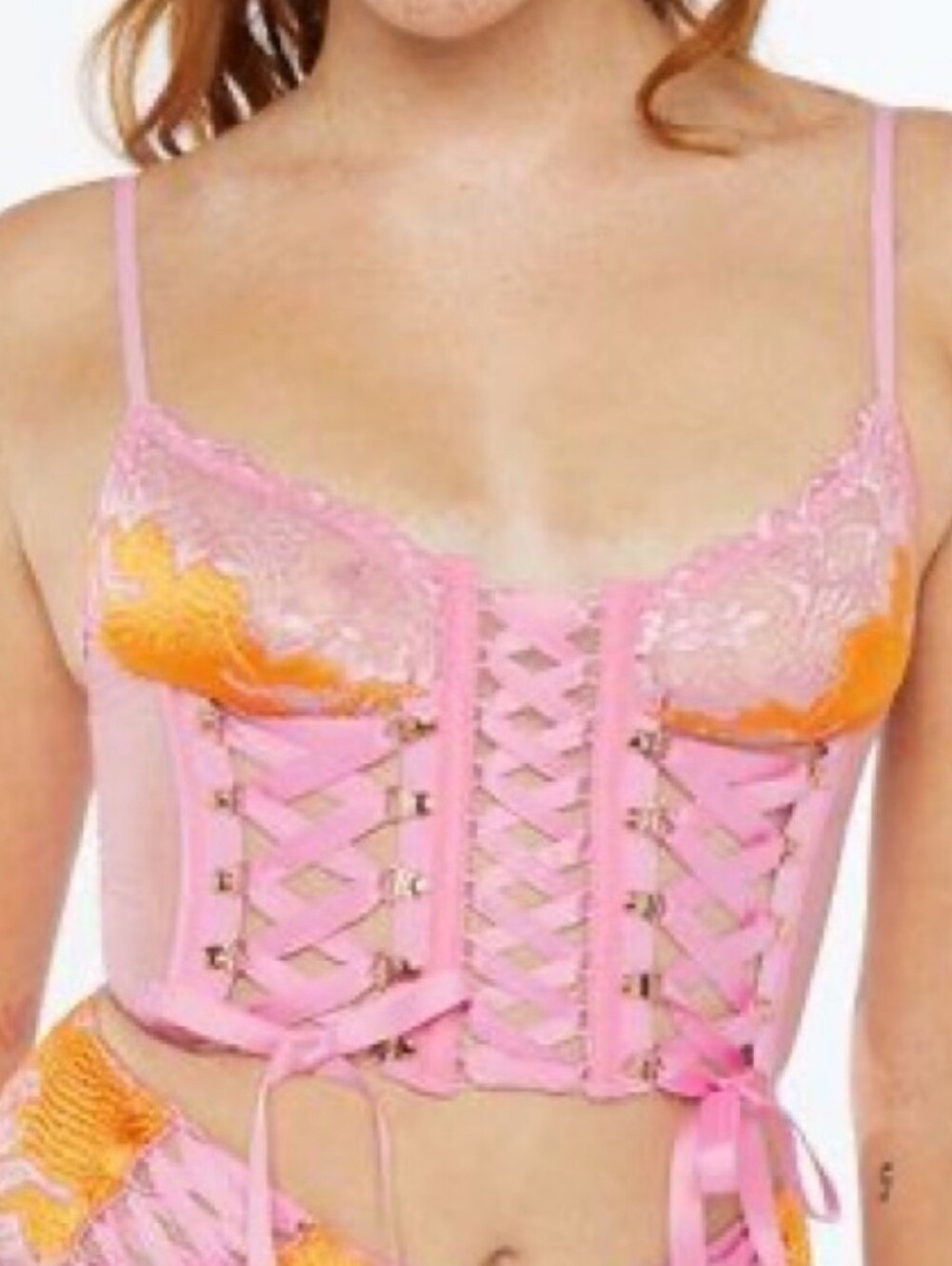Savage X Fenty Yellow Floral Lace-Up Corset /Bustiet Top - Pink Mesh